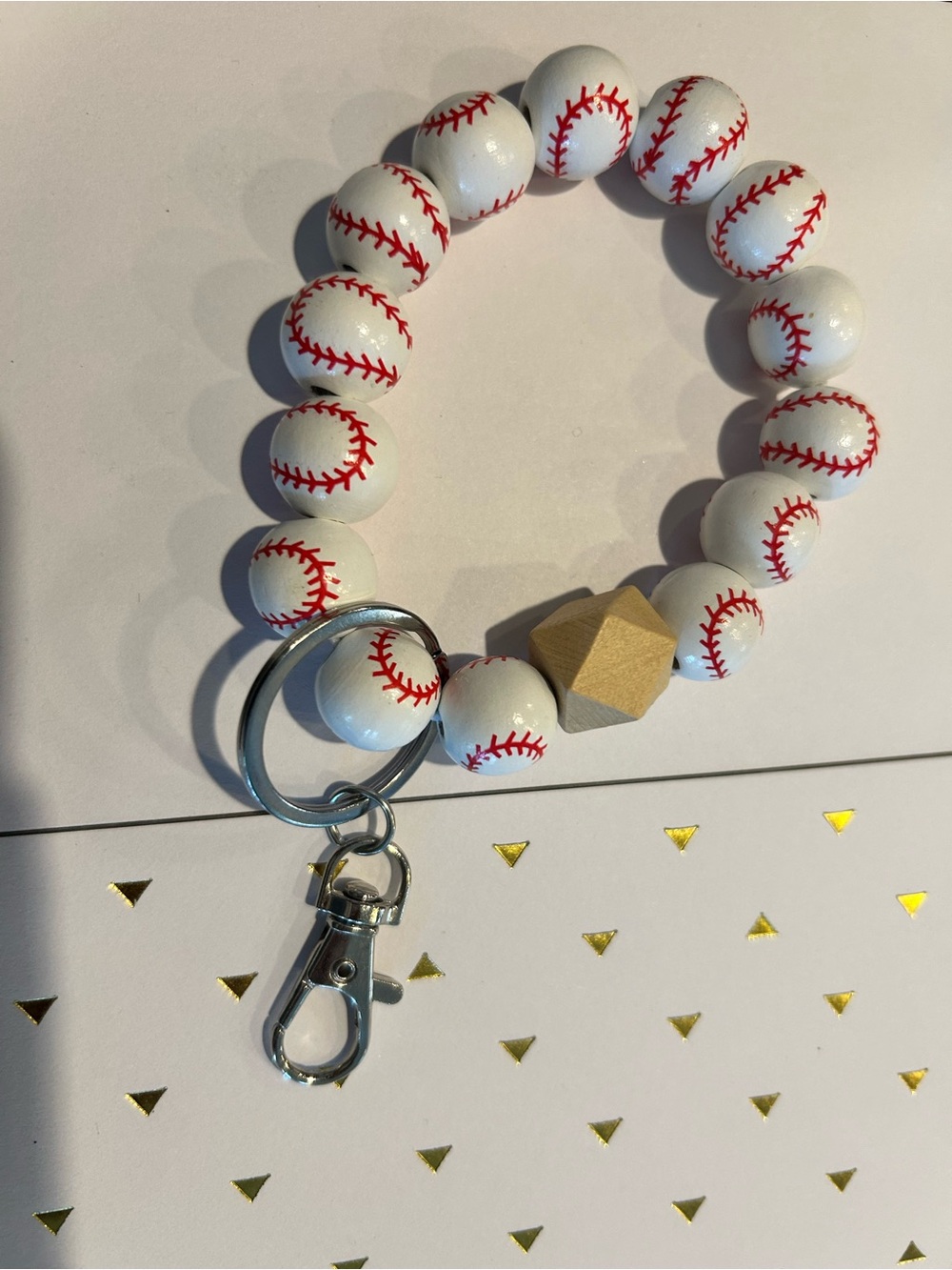 Baseball Bead Wristlet Keychain - White & Red